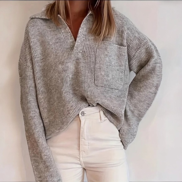 Relaxed Fit Sweater Loose Lapel Large Pocket Gray - Picture 1 of 6